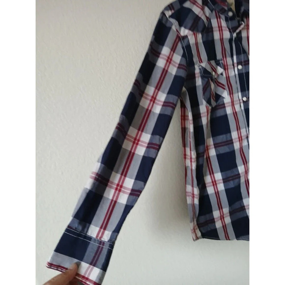 Coastal Shirt Men's Medium Blue Red Plaid Western Cowboy Tab Roll Sleeves Snap - Picture 6 of 16